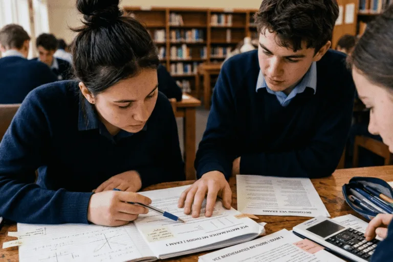 Three students working on papers in a library.