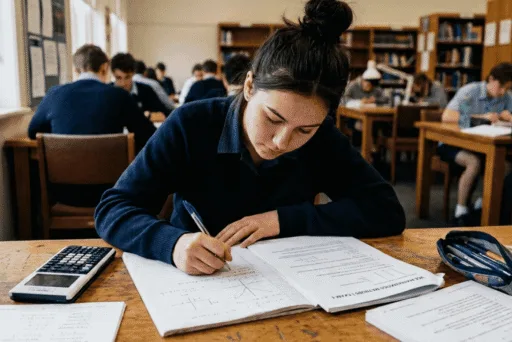 A person sitting at a table writing with a pen and paper.